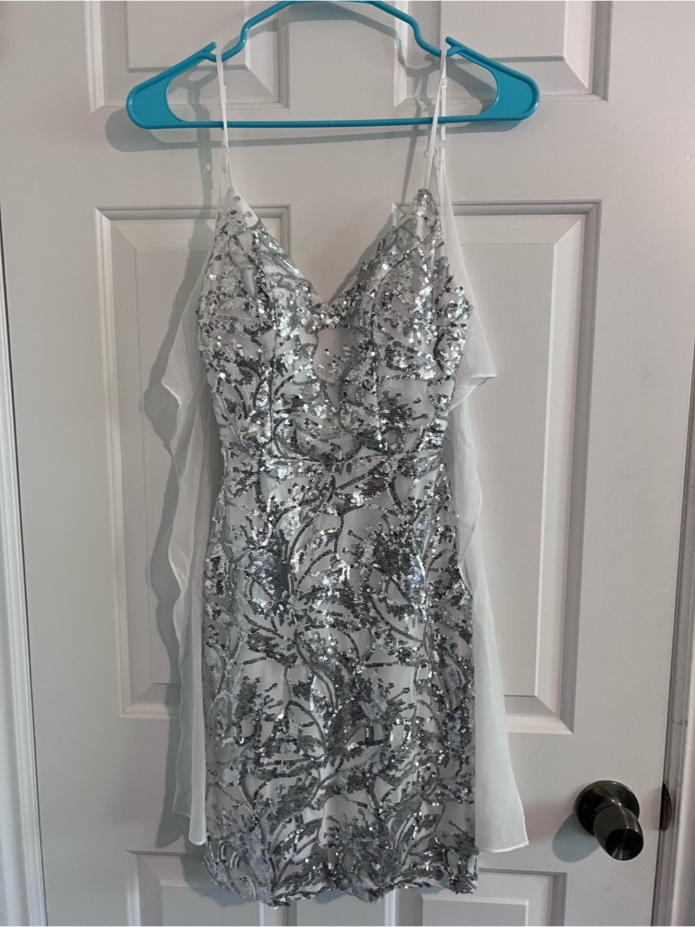 Silver Sequined Mini Dress with Draped Sheer Panels